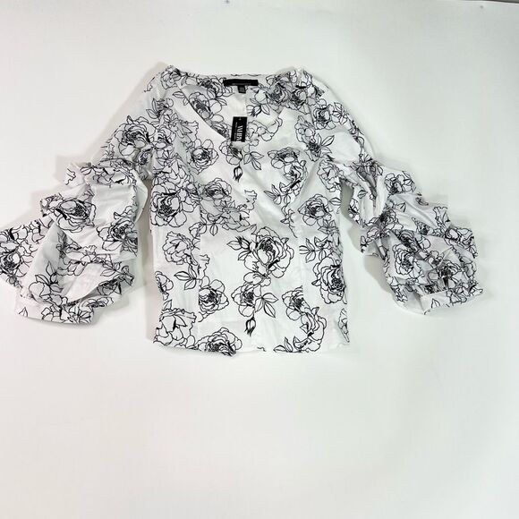 White House Black Market Poplin Top Womens Jasmine White 4 Ruched Sleeve Tie NEW - Picture 1 of 12